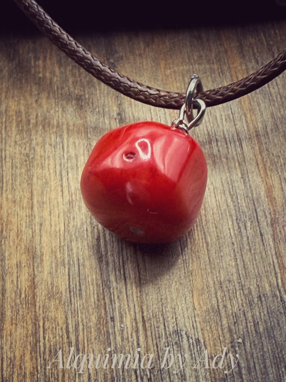 Red Coral 🪸 Cube Necklace on Braided Brown Cord - Picture 4 of 4